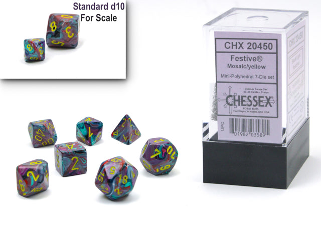 Chessex Mini-Polyhedral 7-Die Würfel-Set Glitter - Rubinrot/Gold