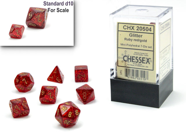 Chessex Mini-Polyhedral 7-Die Würfel-Set Glitter - Rubinrot/Gold